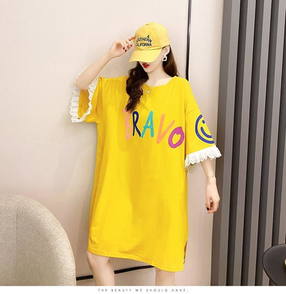 夏新作 オーバーサイズ  アルファベット フリル プリントTシャツ 三色 ゆったり半袖ins-3009