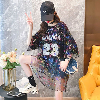 新作 レイヤード風 チュール ロゴ プリント ゆったり 半袖 Ｔシャツ 全2色ins-4967