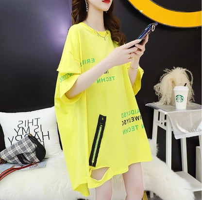 超人気 ゆったりロング丈 ダメージ加工 三色半袖Tシャツins-8107