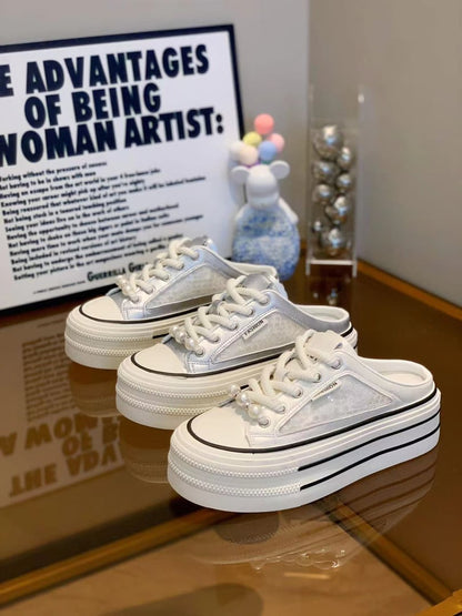 超人気  メッシュサンダル スリッポン スリッパ ミュール 通気性 ヒール4cm プラットフォームソールスニーカーミュール 全2色ins-8551