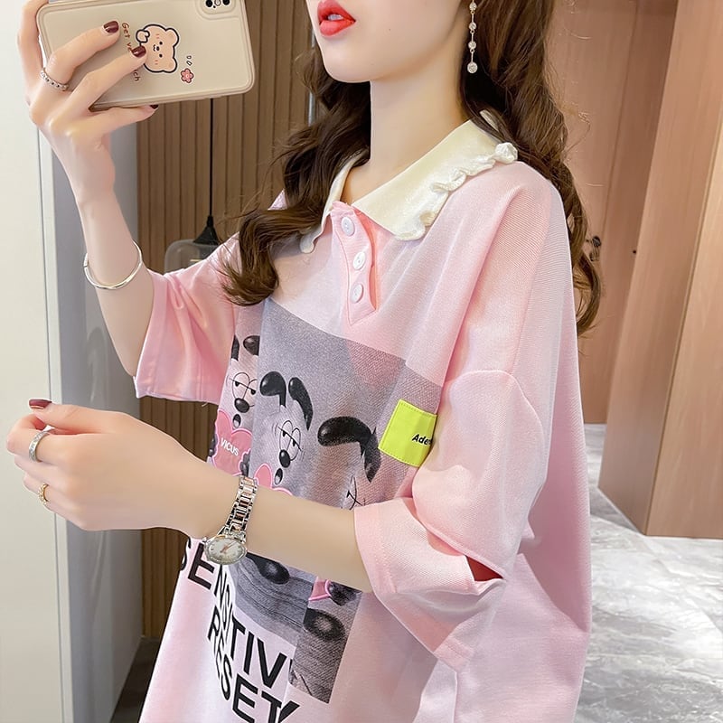 夏新作 POLOネック アルファベットプリント ロング Tシャツ ゆったりワンピース ins-3038