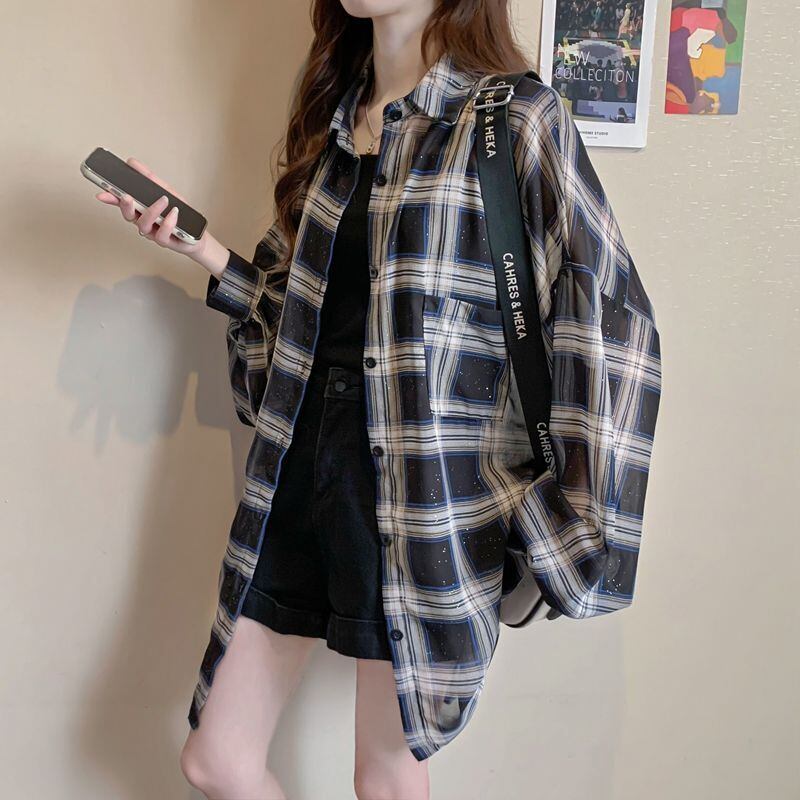 定番シンプル チェック柄 透け感 日焼け対策 全3色 シャツ ins-8544