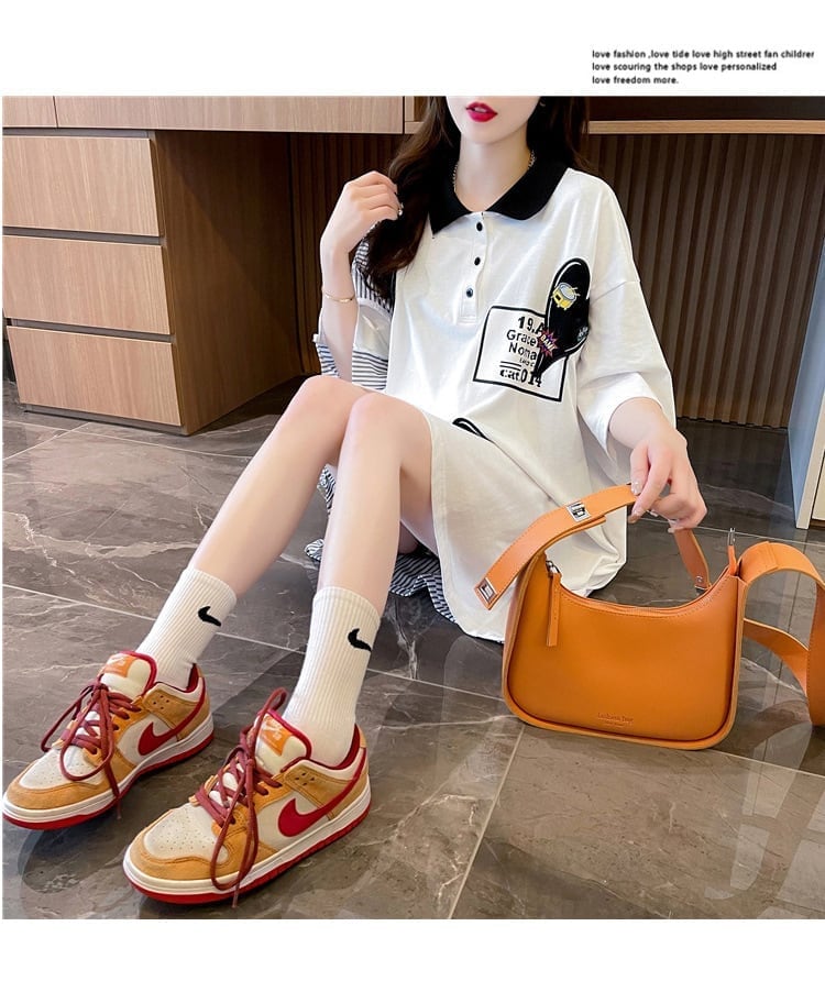 POLOネック ストライプ柄 切り替え ロング Tシャツ ゆったりワンピース ins-3031