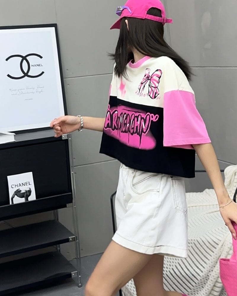 着回し力抜群 韓国系 切り替え三色 ゆったり半袖Tシャツ ins-8455