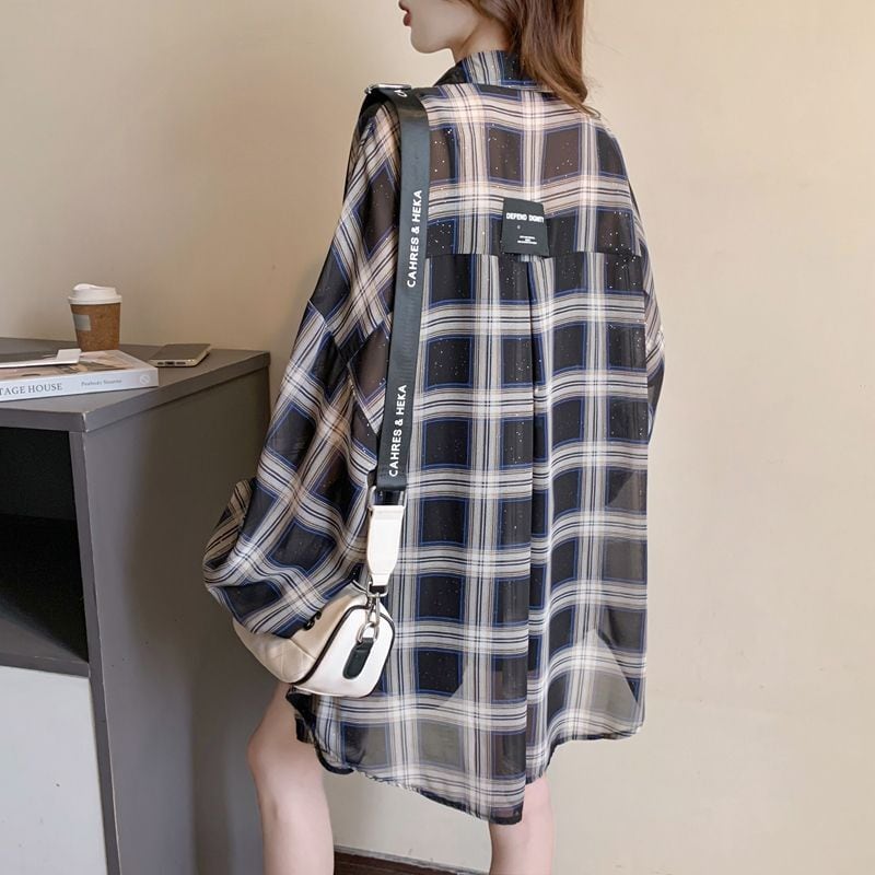 定番シンプル チェック柄 透け感 日焼け対策 全3色 シャツ ins-8544