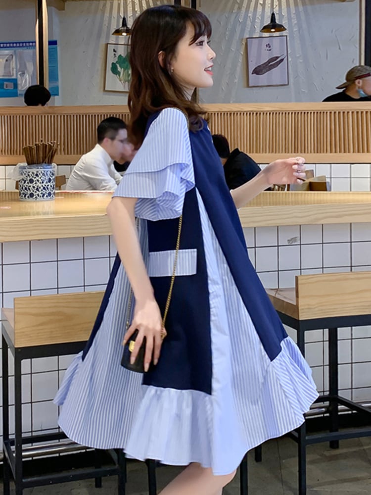 売り切れ必至 ファッション レイヤード風 ストライプ柄 半袖ワンピースins-8206