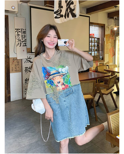 超人気 ファッション カジュアル デニム 切り替え プリント ワンピースins-8615