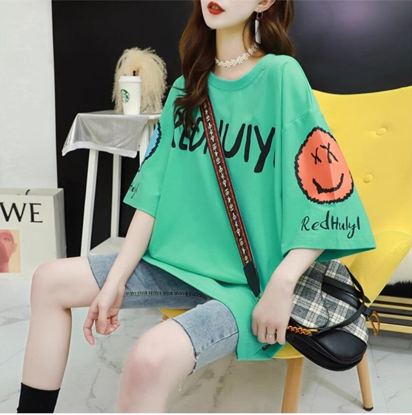 着回し力抜群 ゆったりロング丈切り替え三色半袖Tシャツins-8121