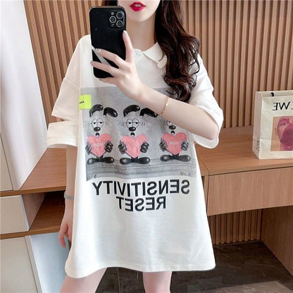 夏新作 POLOネック アルファベットプリント ロング Tシャツ ゆったりワンピース ins-3038