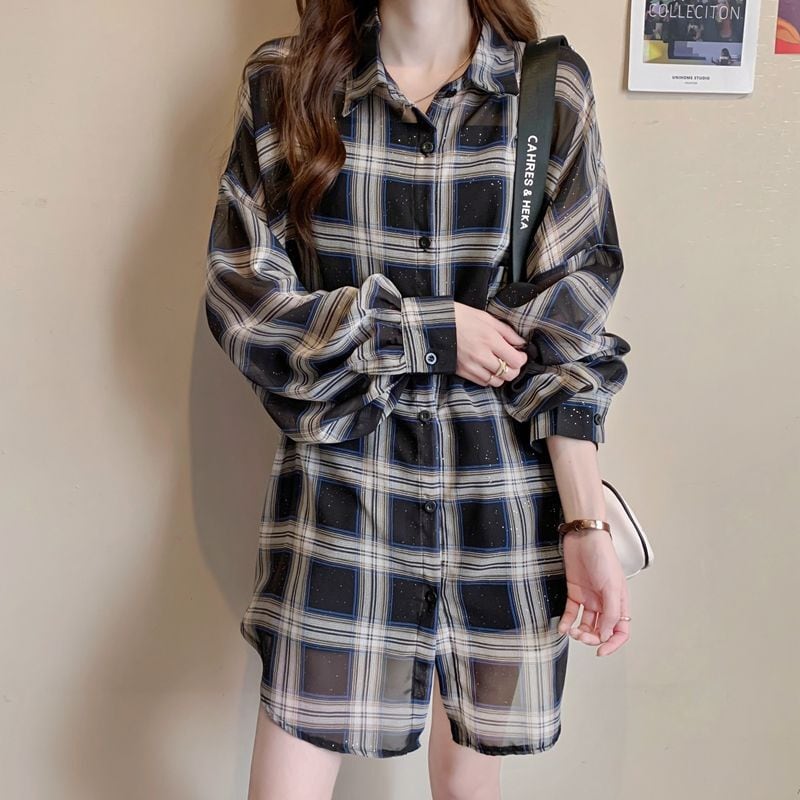 定番シンプル チェック柄 透け感 日焼け対策 全3色 シャツ ins-8544