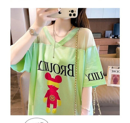 売り切れ必至 セクシー Vネック 切り替え チュール プリントTシャツ ゆったりワンピース ins-3050
