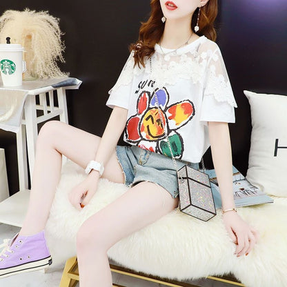 大人可愛い レース 切り替え 透かし彫り プリント全2色 半袖Tシャツ カットソー ins-8560