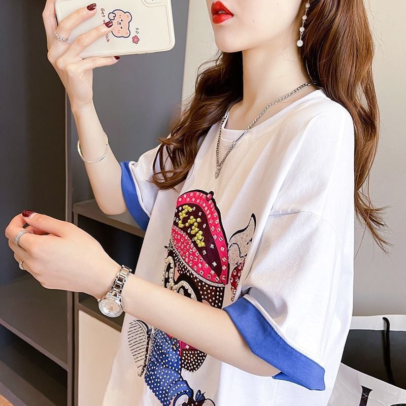 売り切れ必至 キュート スウィート ゆったり ダイヤモンド 半袖Tシャツins-8122