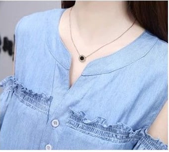 超人気 ファッション レイヤード風  切り替え デニム 半袖ワンピースins-8352