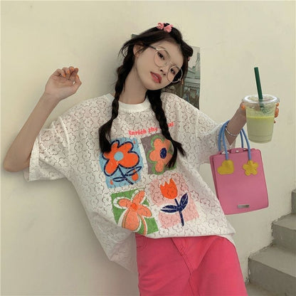 新作 透かし彫り プリント ゆったり 半袖 Ｔシャツ ins-8089