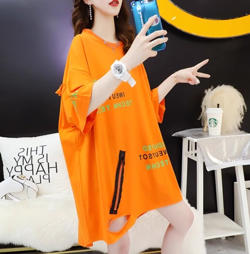超人気 ゆったりロング丈 ダメージ加工 三色半袖Tシャツins-8107