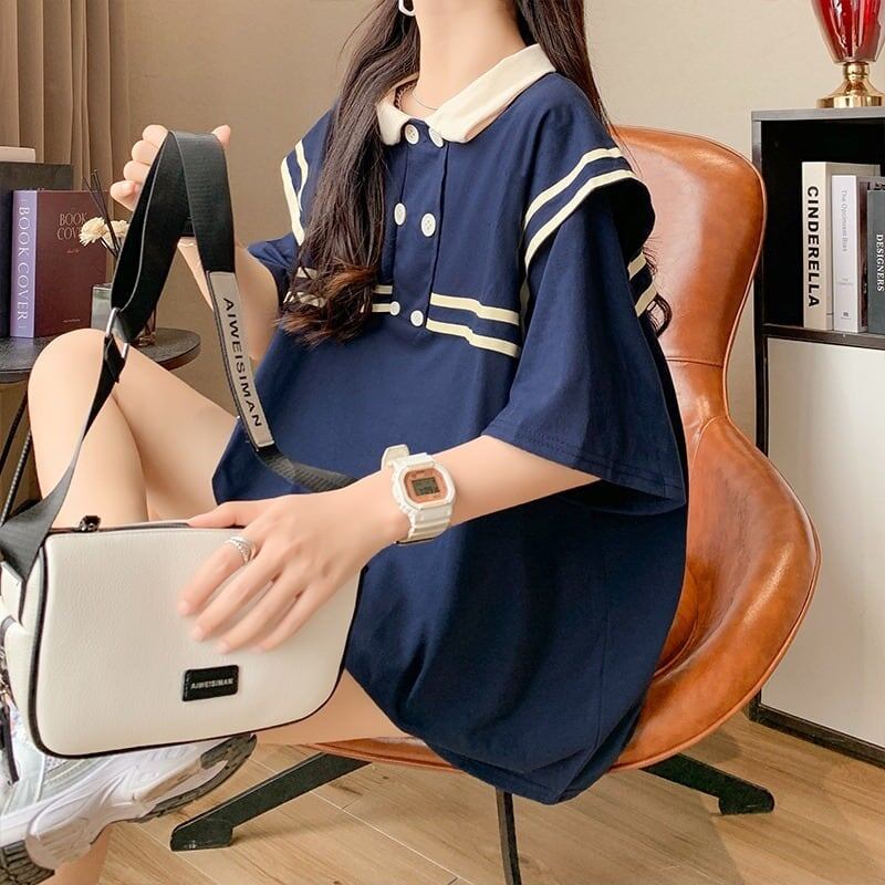 絶対欲しい セーラーカラー ロング Tシャツ 三色 ゆったりワンピースins-4028