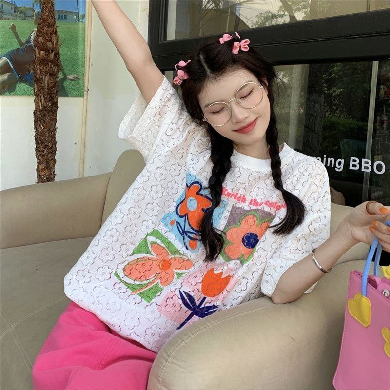 新作 透かし彫り プリント ゆったり 半袖 Ｔシャツ ins-8089
