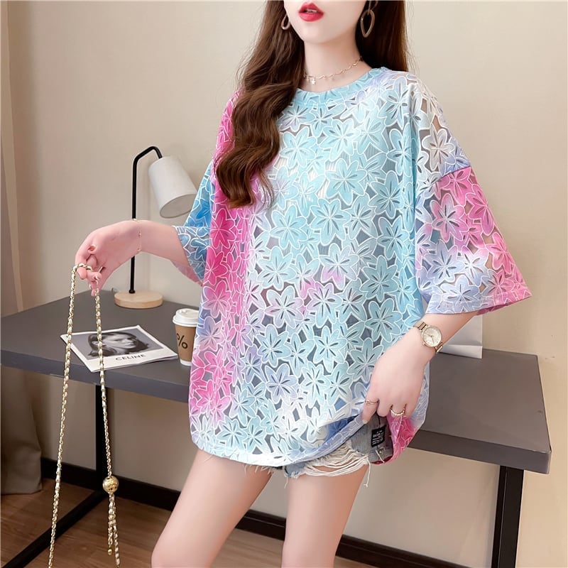 オシャレ度満点 スタイリッシュ ラウンドネック 透かし彫り Tシャツ カットソーins-2957