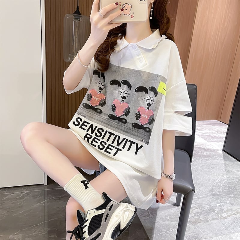 夏新作 POLOネック アルファベットプリント ロング Tシャツ ゆったりワンピース ins-3038