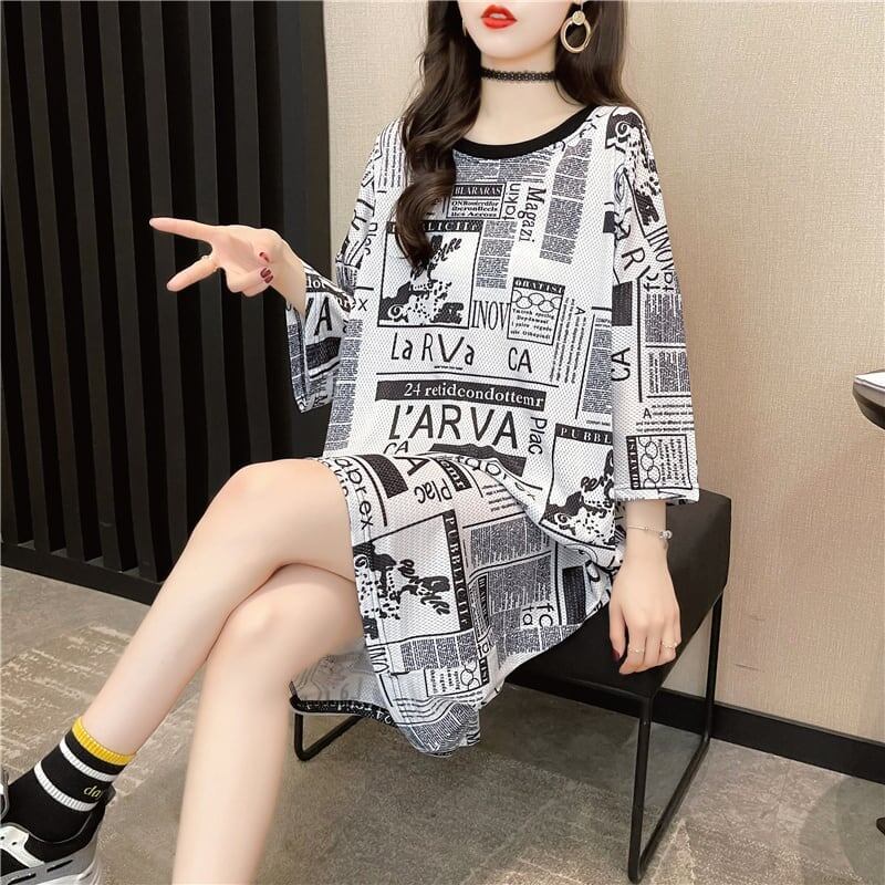 オシャレ度満点 一目惚れ プリント 切り替え ワンピース Tシャツ カットソーins-3122