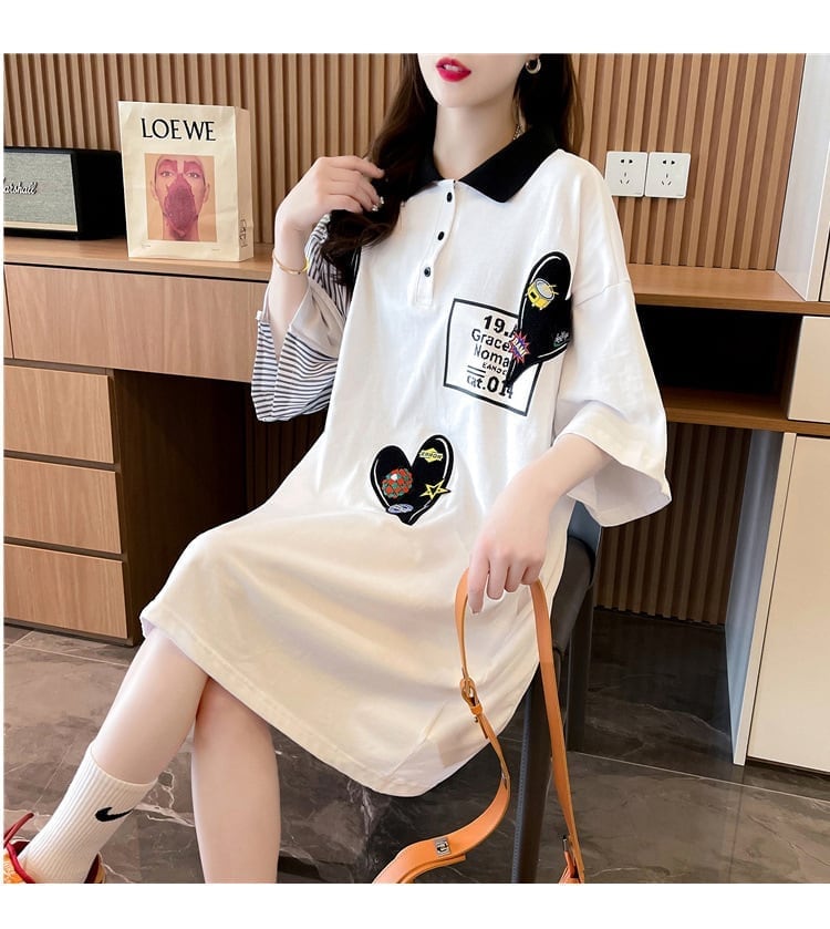 POLOネック ストライプ柄 切り替え ロング Tシャツ ゆったりワンピース ins-3031
