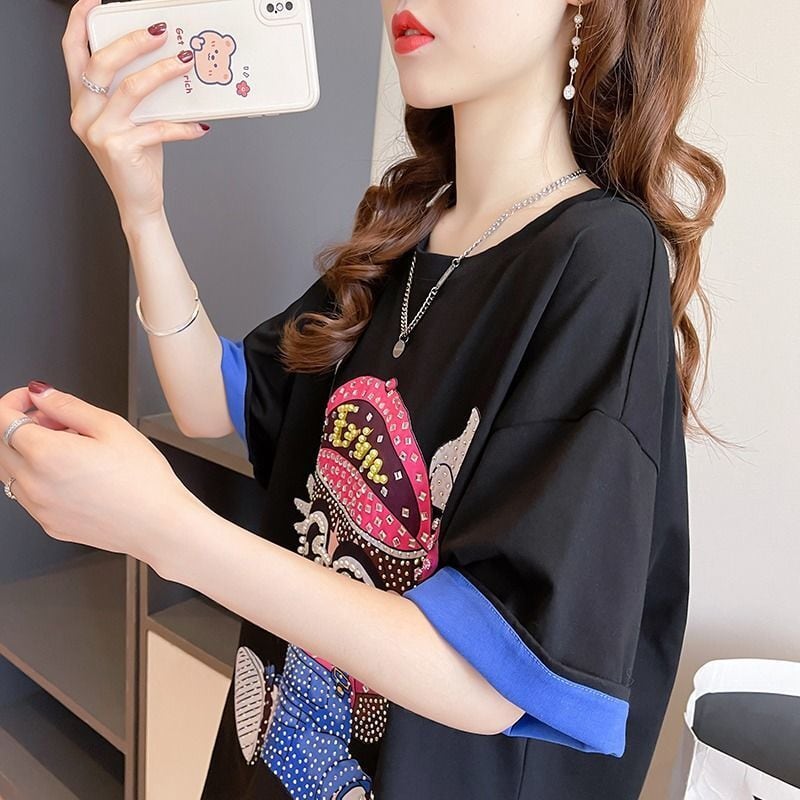 売り切れ必至 キュート スウィート ゆったり ダイヤモンド 半袖Tシャツins-8122