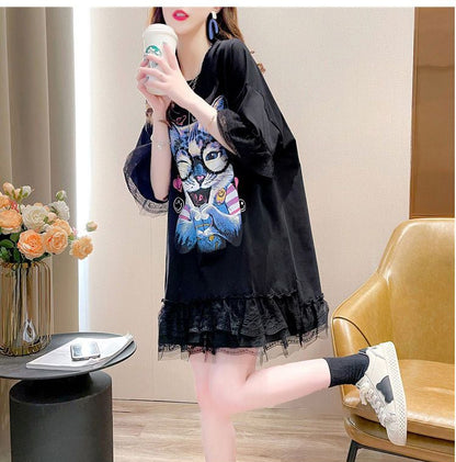 話題沸騰中 キュート ゆったり ロング丈 切り替え 2色半袖Tシャツins-8133