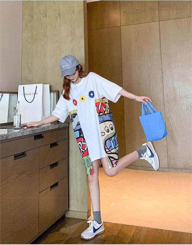 大人気ロング丈Tシャツワンピース     2色  ins-1160