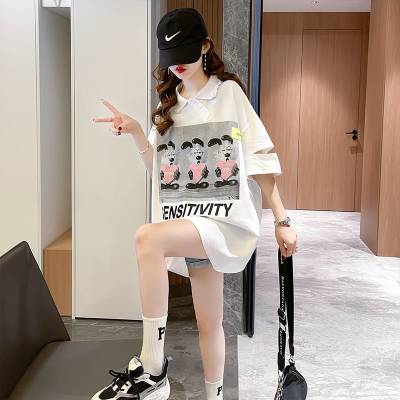 夏新作 POLOネック アルファベットプリント ロング Tシャツ ゆったりワンピース ins-3038