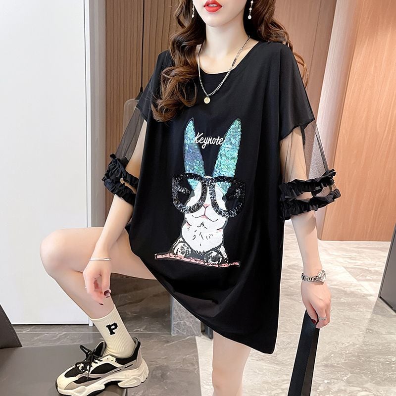 着回し力抜群 新作 チュール 切り替え ピンク プリント スパンコール プリント全3色 半袖Tシャツ カットソー ins-8557