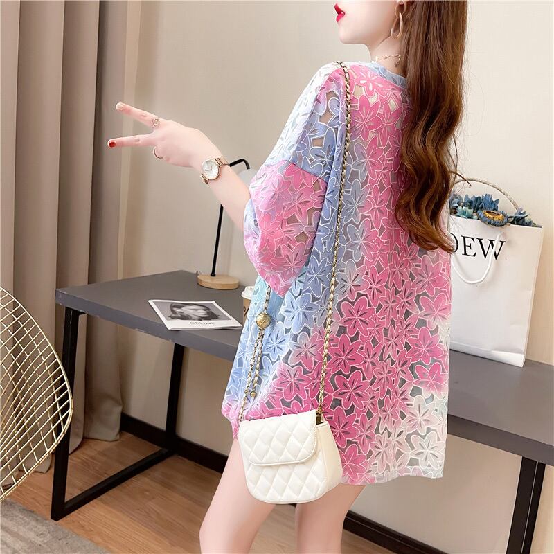 オシャレ度満点 スタイリッシュ ラウンドネック 透かし彫り Tシャツ カットソーins-2957