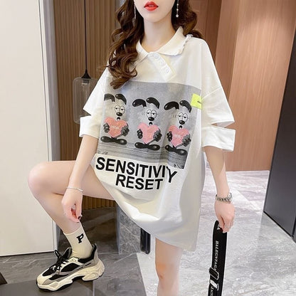 夏新作 POLOネック アルファベットプリント ロング Tシャツ ゆったりワンピース ins-3038