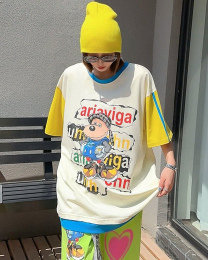話題沸騰中 カジュアル  ゆったり プリント カラーマッチング 半袖Tシャツins-8067