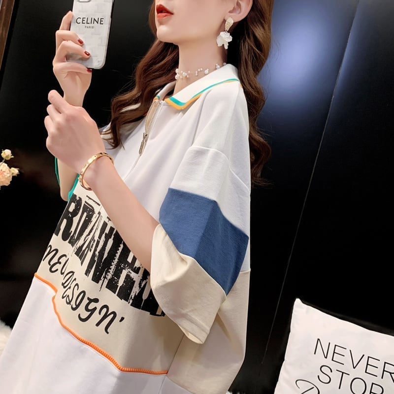 韓国系 POLOネック 切り替え ファスナー ロング Tシャツ 二色 ゆったりワンピース ins-3015