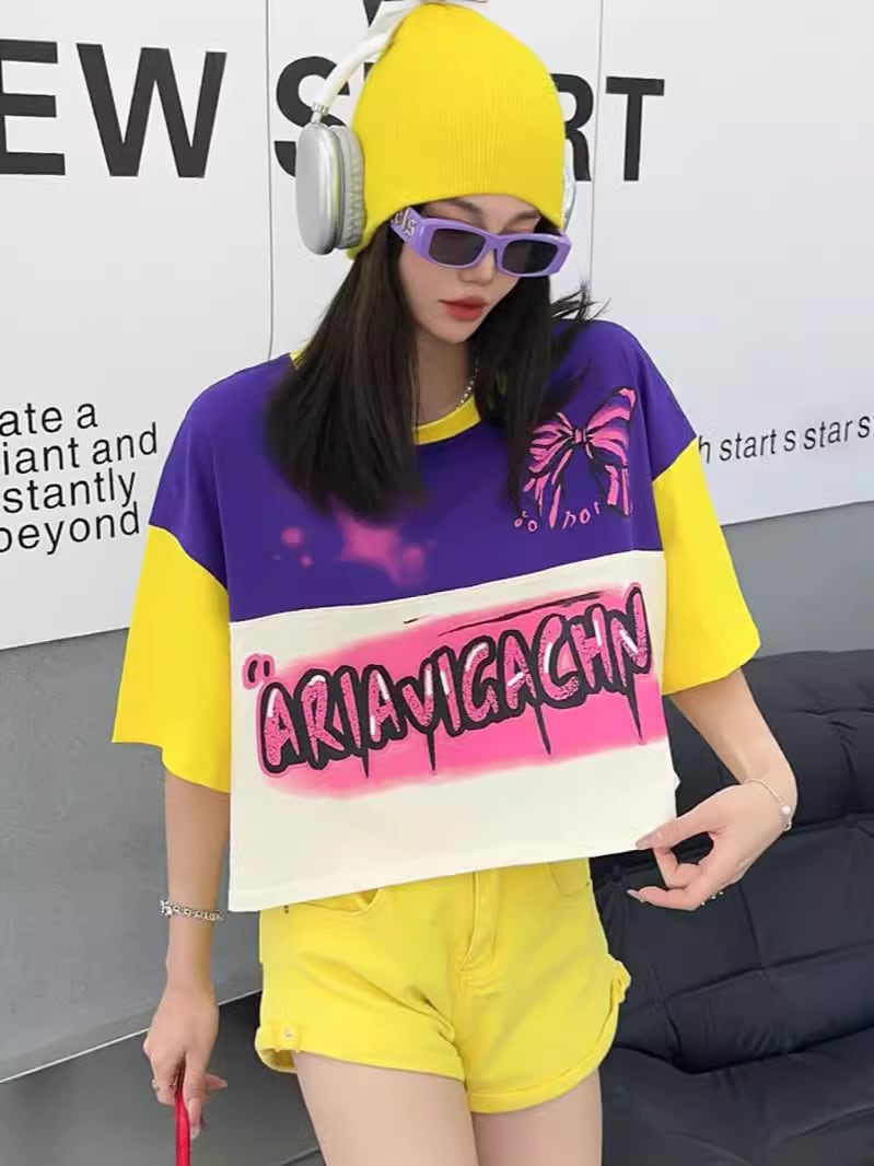 着回し力抜群 韓国系 切り替え三色 ゆったり半袖Tシャツ ins-8455