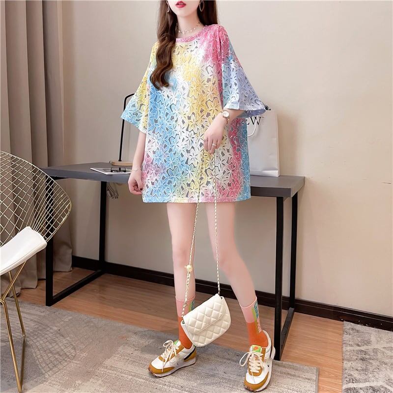 オシャレ度満点 スタイリッシュ ラウンドネック 透かし彫り Tシャツ カットソーins-2957