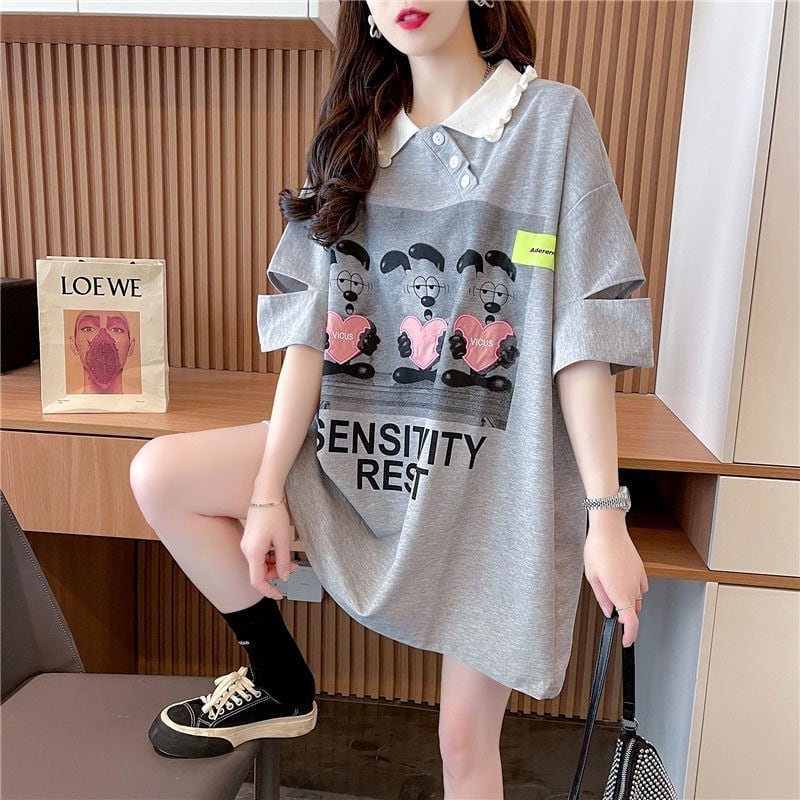 夏新作 POLOネック アルファベットプリント ロング Tシャツ ゆったりワンピース ins-3038