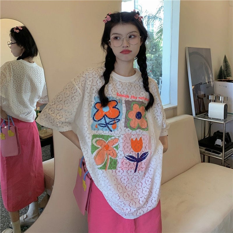 新作 透かし彫り プリント ゆったり 半袖 Ｔシャツ ins-8089