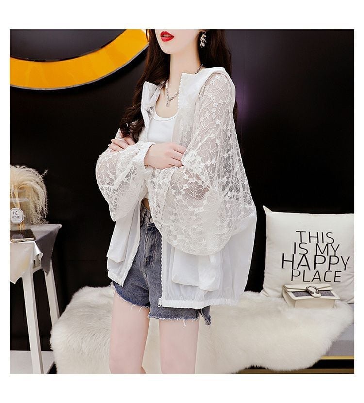 超人気 透け感 UVカット UV対策 長袖レース刺繍シャツ ins-4957