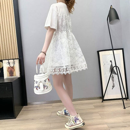 女子マスト レース 切り替え ゆったり 着せ ハイウエスト 半袖 ワンピース　ins-2019