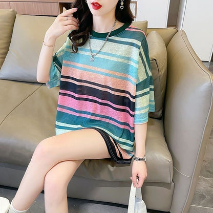 大感謝祭り  UVカット UV対策 ストライプ柄 半袖Tシャツ 全3色ins-4959