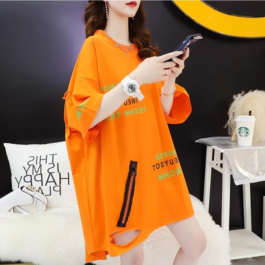 超人気 ゆったりロング丈 ダメージ加工 三色半袖Tシャツins-8107