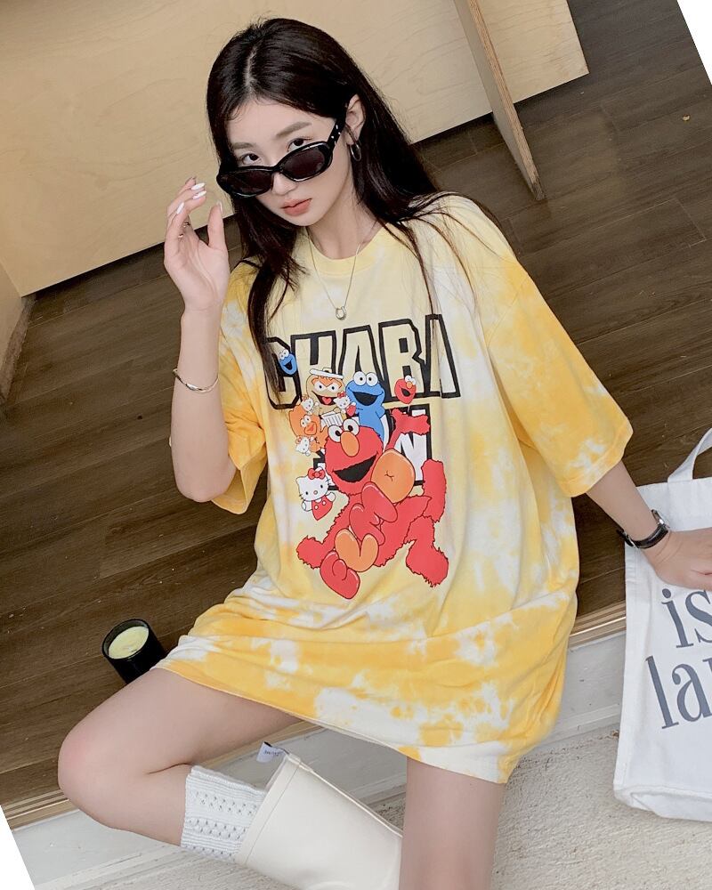 売り切れ必至  絞り染め プリント ビッグロゴ ゆったりトップス 半袖Tシャツ 全2色ins-8272