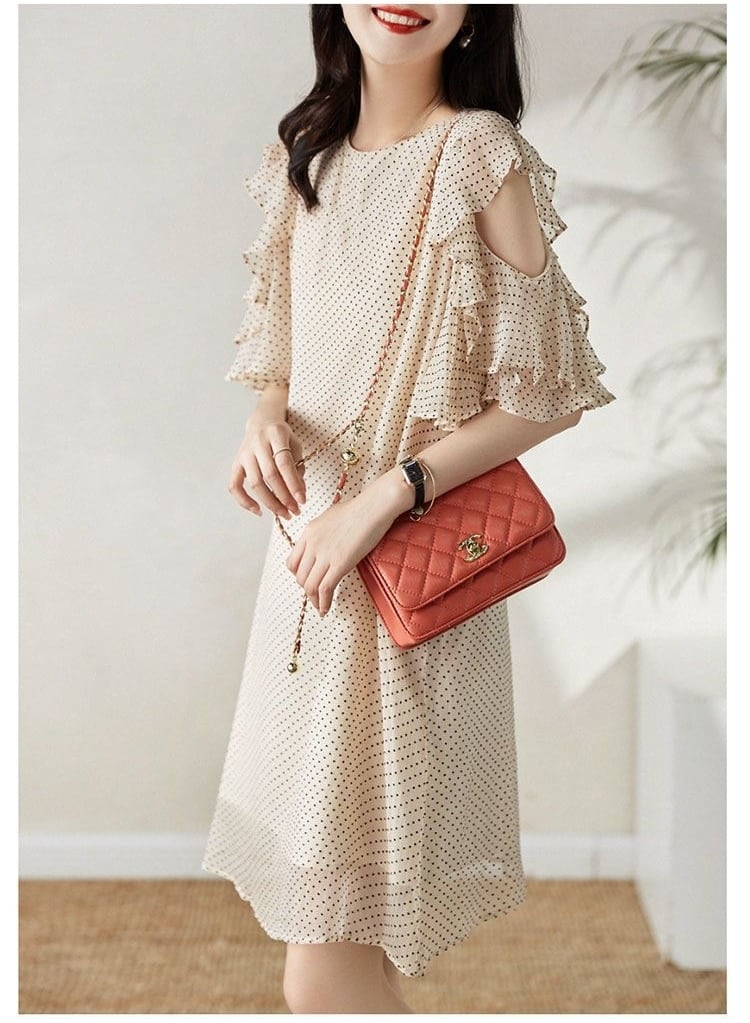 大好評 エレガント シフォン ドット柄 半袖ワンピースins-8419