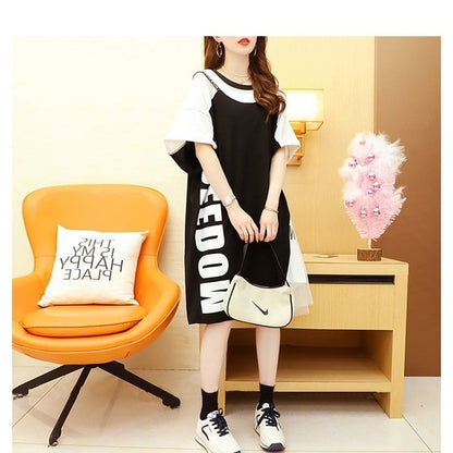 好感度UP 切り替え  レイヤード風 プリント Tシャツ ゆったりワンピースins-8105