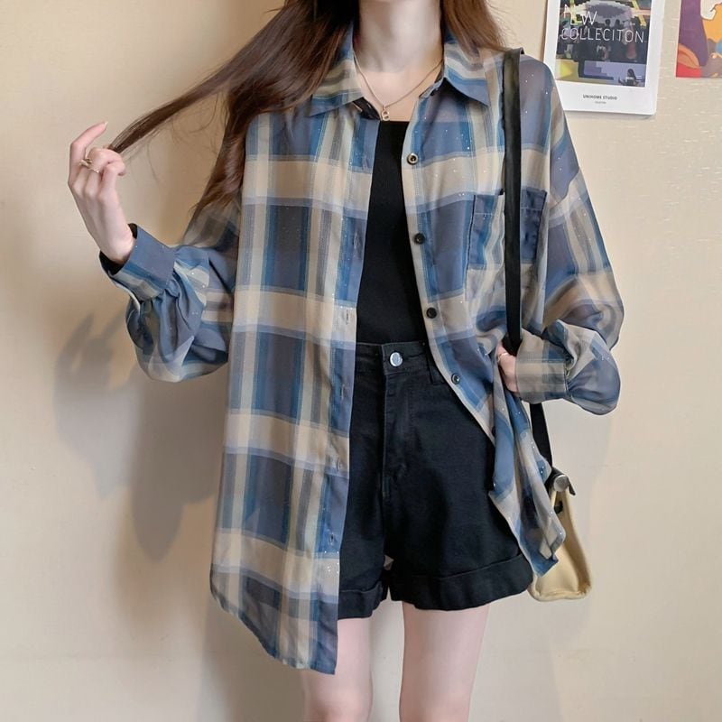 定番シンプル チェック柄 透け感 日焼け対策 全3色 シャツ ins-8544