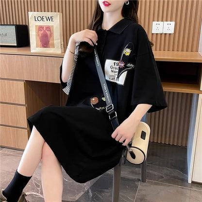 POLOネック ストライプ柄 切り替え ロング Tシャツ ゆったりワンピース ins-3031