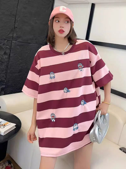 着回し力抜群 カジュアル ストライプ柄 プリント ゆったり半袖Tシャツ ins-8482