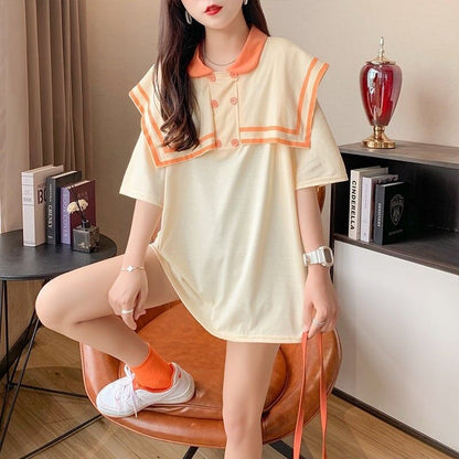 絶対欲しい セーラーカラー ロング Tシャツ 三色 ゆったりワンピースins-4028